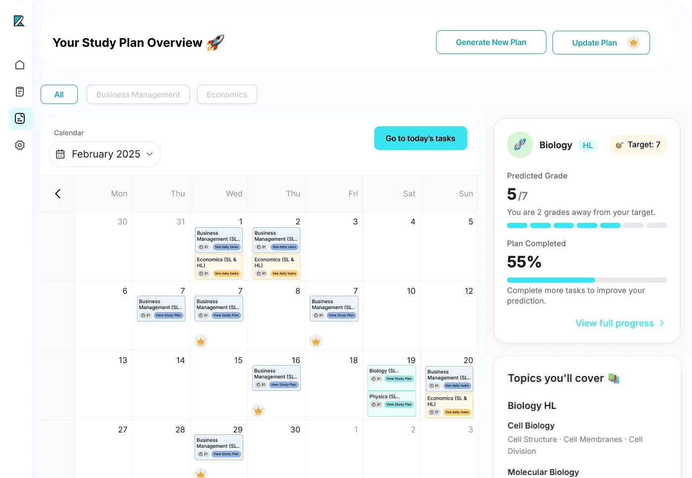 Revizze study plan showing daily revision tasks and predicted grades